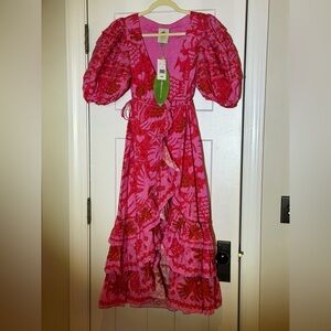 Farm Rio NWT Bright Pink Red Puff-Sleeve Ruffle Maxi Dress